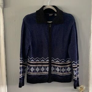 ERIKA Aztec Patterned Navy Black Zip Up‎ Cozy Sweater Size Medium Petite